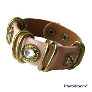 Light pink faux leather rhinestone studded snap cuff bracelet